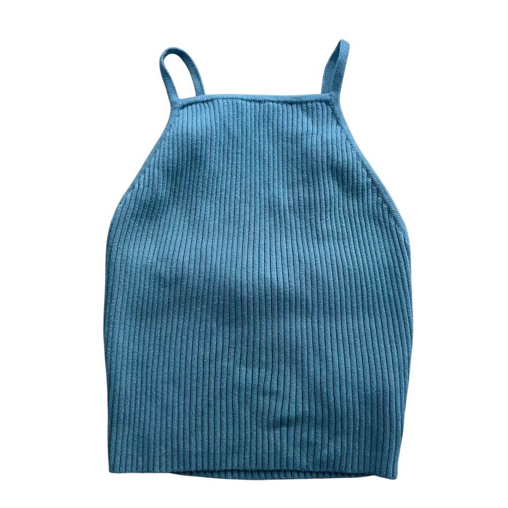 Forever 21 Women S Teal Ribbed Sweater Knit Spaghetti Strap Halter Crop Tank Top